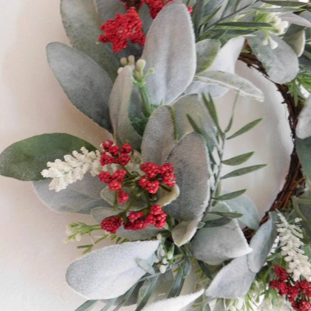 Christmas Wreath for Cabinet, Small Winter Lambs Ear Candle Ring